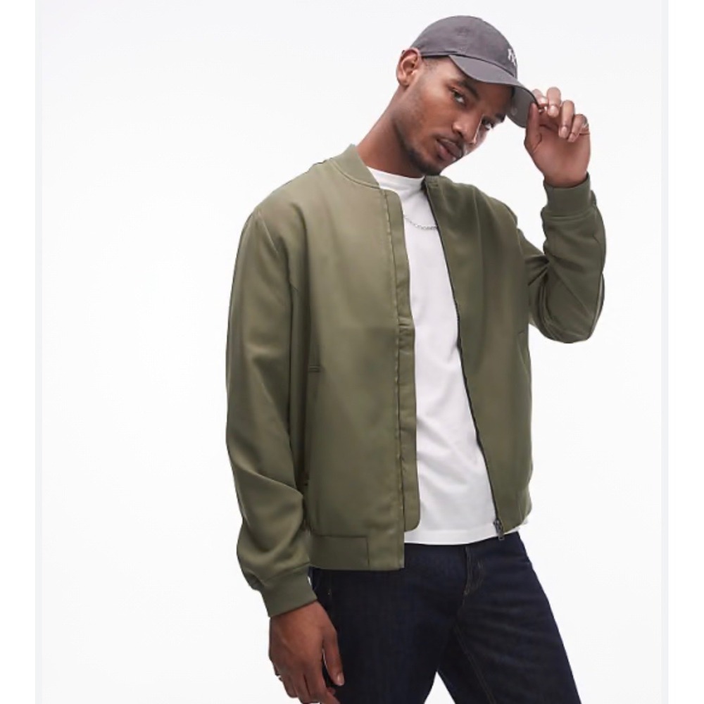 Topman Mens Olive Green Cotton Full Zip Bomber Jacket Small Blokecore Preppy
